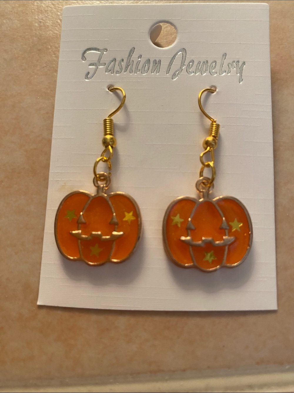 Halloween Orange Pumpkin Dangle Earrings - Gold Tone
